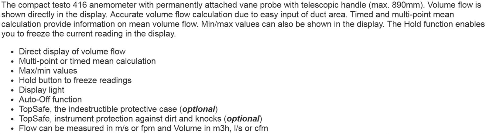 מודד ספיקת אוויר אנמומטר TESTO 416 ANEMOMETER